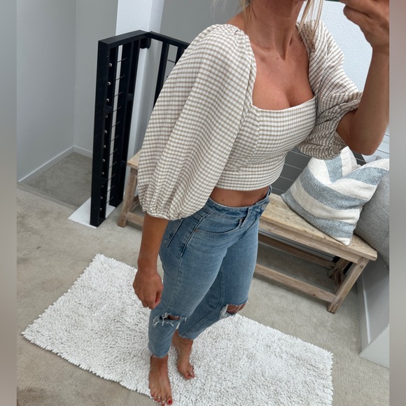Lush Tan & White Gingham Puff Sleeve Crop Top | NWT Size M - Picture 5 of 12